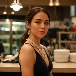 a young lady with brown eyes wears a pearl necklace