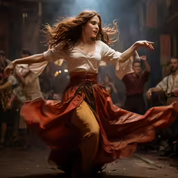 a woman in a red and white dress dancing at a stage