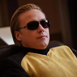 a young woman wearing glasses is sitting down