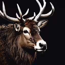 a deer has very large horns and is looking away,a deer with large antlers and a thick hair