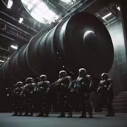group of men wearing uniforms standing in front of large stacks of oil tanks