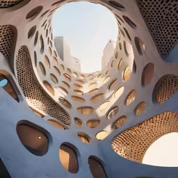 an aerial shot looking up at a futuristic building
