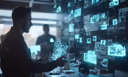 a man standing in front of a wall with a lot of electronic technology on it
