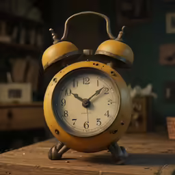 an old yellow alarm clock sitting on top of a table