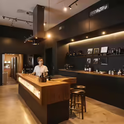 a person behind a bar in a black room
