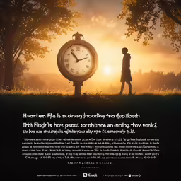 the poster depicts an old man standing in front of an oversized clock