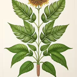 an illustration of a plant with large leaves and stems,a painting depicting a sunflower in a field