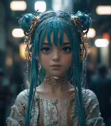 the girl is wearing green hair and very long blue hair