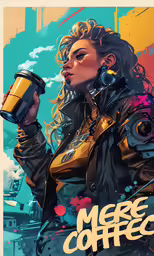 a woman in a jacket holding a coffee mug