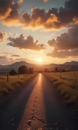 the sun is going down on a rural road