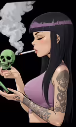 a woman is smoking cigarette with skull and cigarette holder