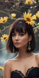 a woman with sunflower in her hair