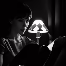 a woman laying in bed under a lamp