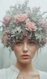 the face of a woman with a wreath of flowers on her head