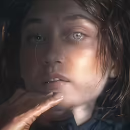 a young woman stares into the distance with her hand in her mouth