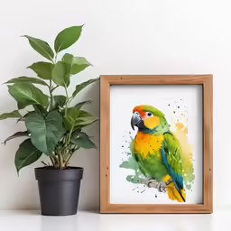 the painting depicts a tropical parrot perched on a branch