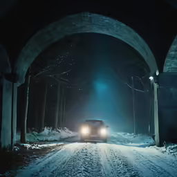 a car driving through an arched tunnel that is lit up with lights