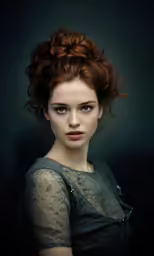 a woman with red hair wearing a dark dress
