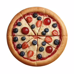 a pizza with blueberries, strawberries and other toppings