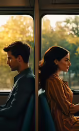 a man and woman looking out of a window on a train