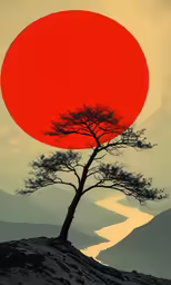 a tree with a red moon in the background