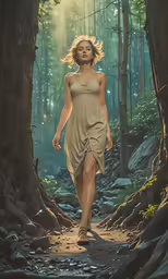 a woman in the woods on the runway wearing a tan dress