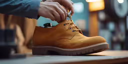 a person holding a pair of brown shoes