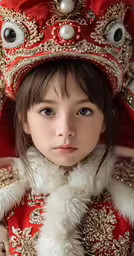 a child with an elaborate hat and fur collar