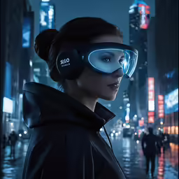 a young woman in virtual reality headset standing on city street