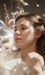 woman in white blouse blows sparkle while looking up
