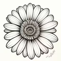 a drawing of a large flower that is in black and white,a drawing of a flower on paper,a flower with black lines and white petals,a flower with white petals drawn in a line,a black and white drawing of a large flower