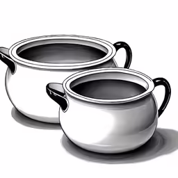 two white pots filled with soup on top of a table