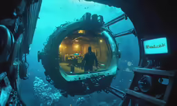 a deep water submarine in the middle of an underwater museum