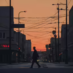 man walking down the street with electric wires in background