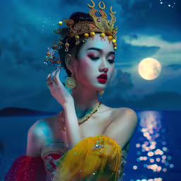 an illustration shows a woman in a brightly colored costume,a woman in an oriental costume, posing at night