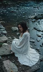 the woman is sitting by the water looking at something