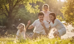 a family is playing in the grass with one another