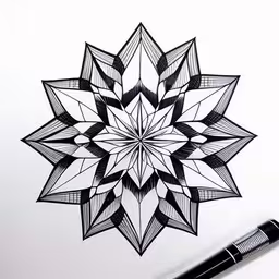 a black and white drawing of a large paper star,a close up of a pen drawing an abstract flower,a drawing of a circular flower on a white sheet,a pen drawing of a design on paper,an artistic drawing of a black and white flower