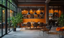 a room with many tables, chairs and potted plants