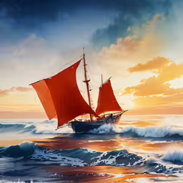 an old fashioned ship sailing on the ocean at sunset,the painting shows a sailing ship in the middle of the ocean at sunset