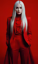 the woman with white hair wearing red stands near a red background