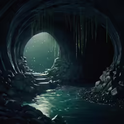 water and rocks under a tunnel with the light from a nearby lamp