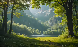 the sun is shining through the trees near a lake