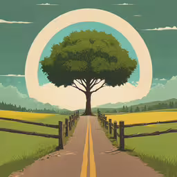 a painting of a tree on the side of a road,an illustration of a large tree and a fence in front of a field with yellow grass