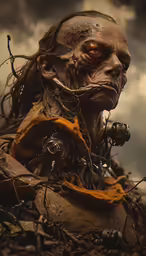 a weird looking humanoid is surrounded by plants and branches