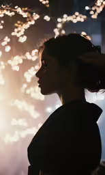 a woman holding a hair comb with a firework behind her