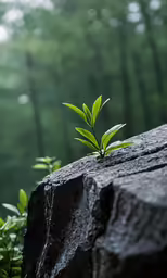 a small plant grows out of the rocks in the woods