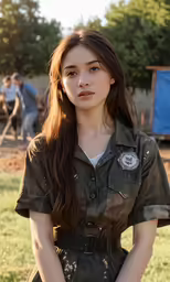 a young woman posing for a photo in an uniform