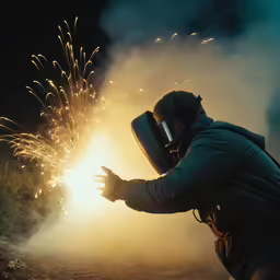 the person wearing a protective gas mask is using a firework cannon