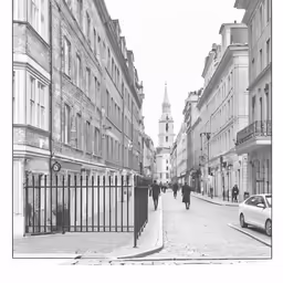 an empty street with a car and people in the background
